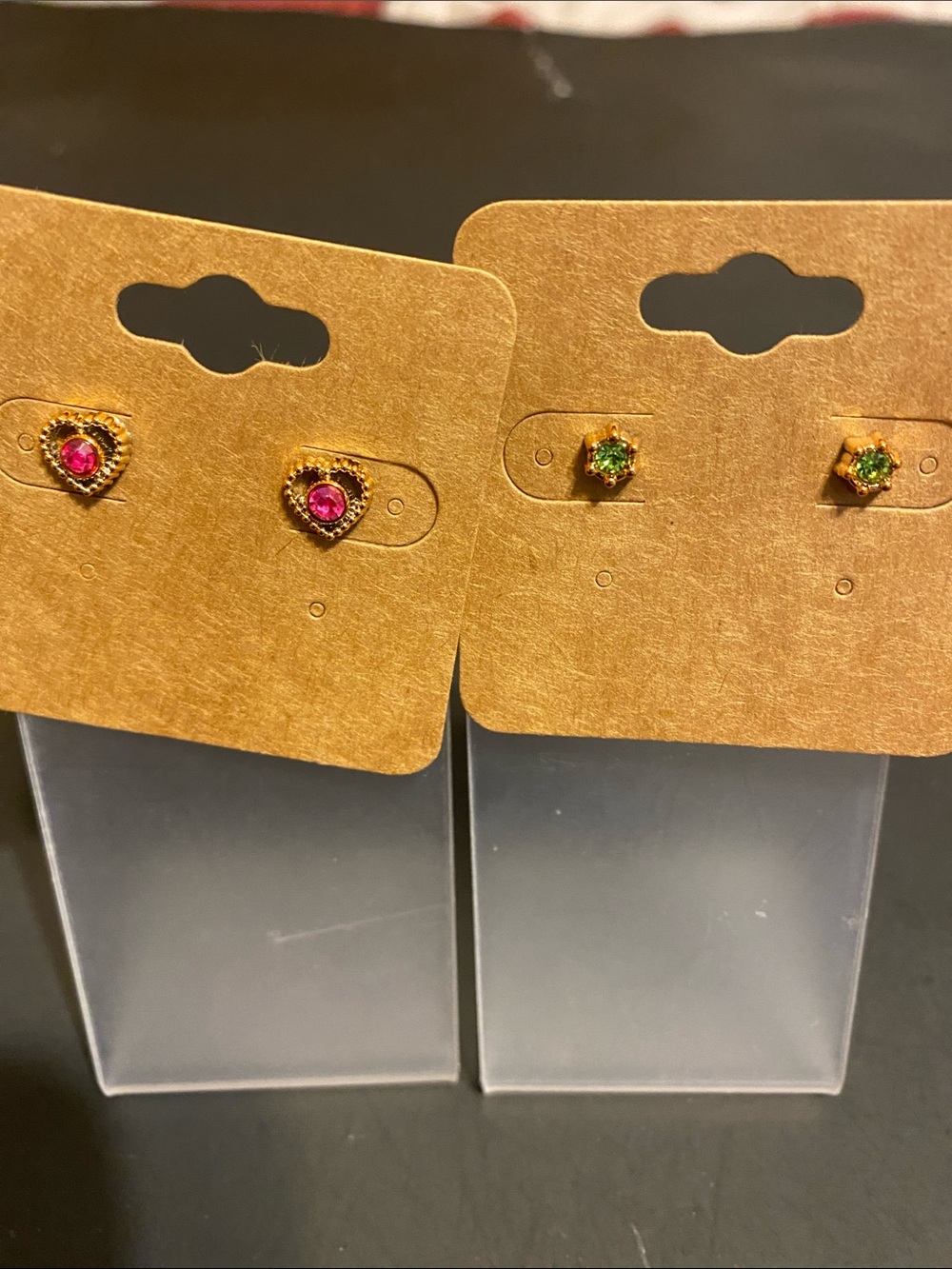 Fashion Jewelry Gold Heart and Round Stud Earring Duo with Pink and Green Stones